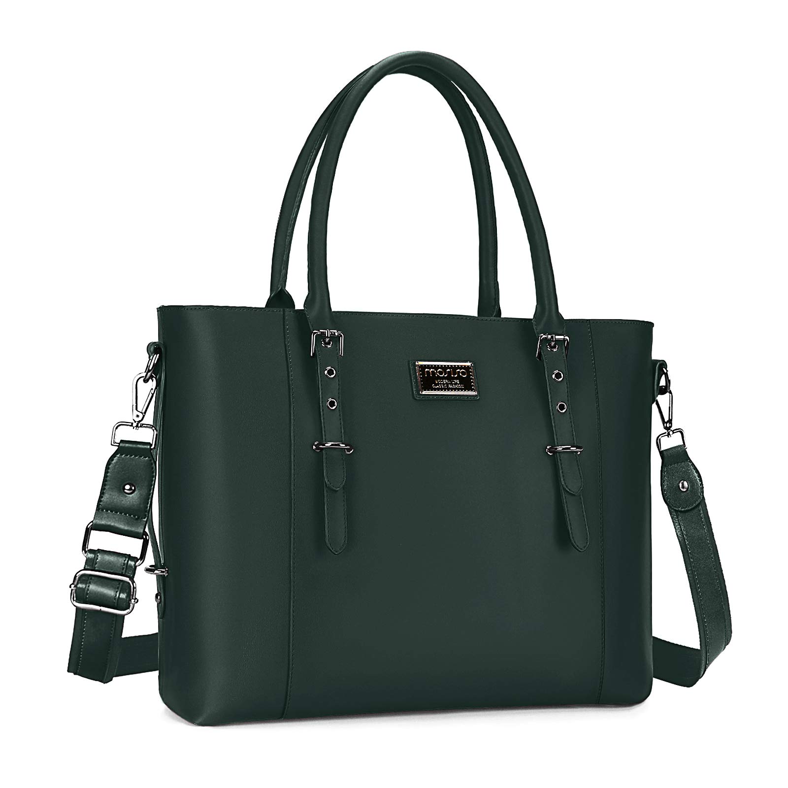 MOSISO Laptop Tote Bag (17-17.3 inch), PU Leather Shoulder Briefcase Handbag Compatible with MacBook & Notebook Large Capacity with Padded Compartment, Midnight Green