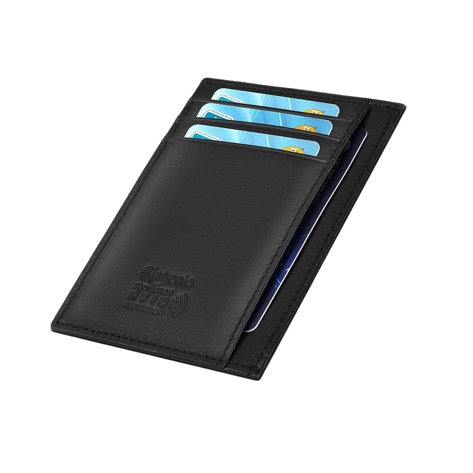 flintronic Credit Card Wallet, RFID Blocking Genuine Black Leather Card Holder Anti Theft (6 Card Slots & 1 ID/Photo Window) Slim Pocket Purse for Men & Women