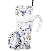 Hummingbird 40 Oz Tumbler with Handle and Straw, Bird Floral Big Stainless Steel Vacuum Insulated Tumbler Coffee Cup Water Bottle Travel Mug,Hummingbird Gifts for Women Decor Accessories, Purple White
