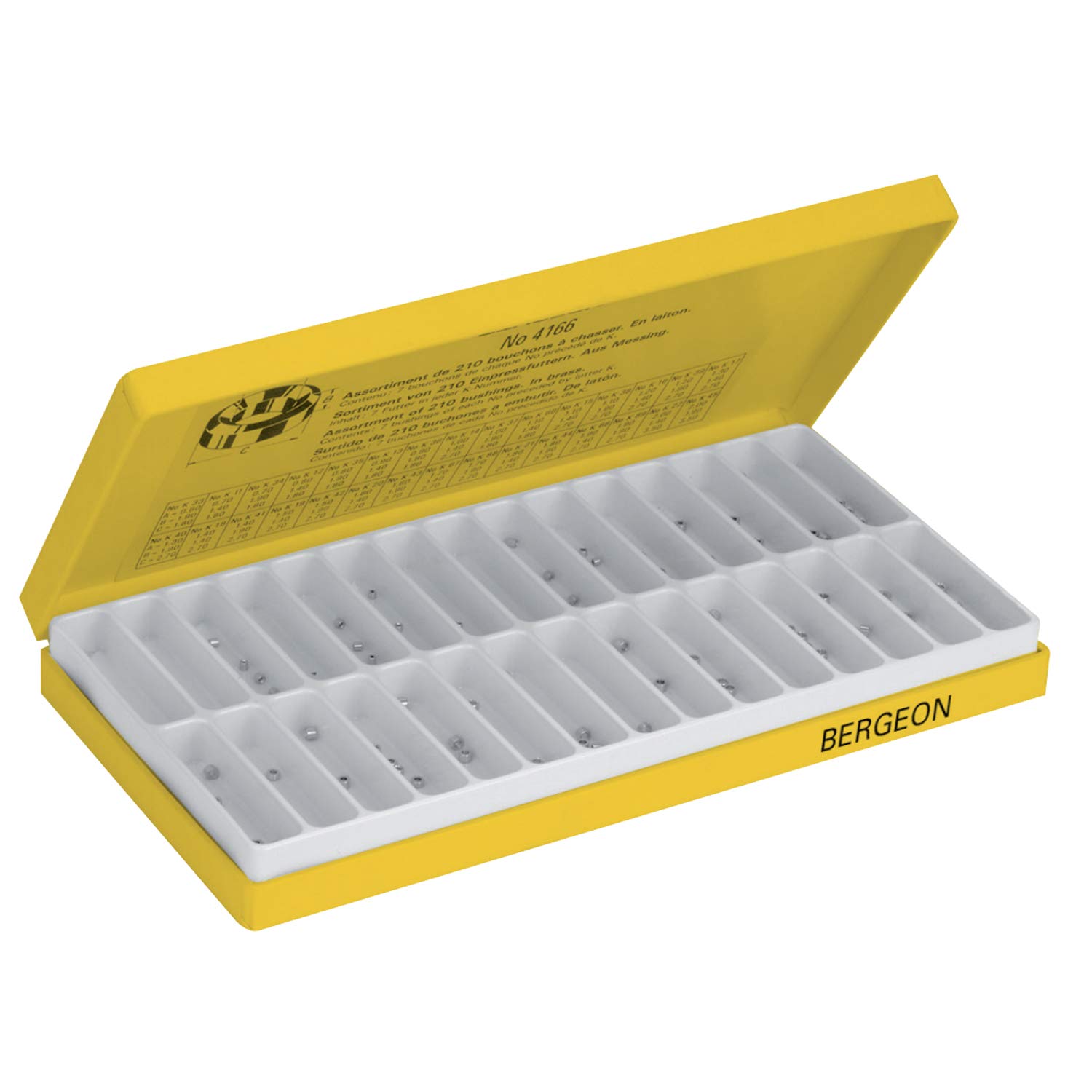 BERGEON - Press Bearing Assortment 4166 Brass – No. 4166 – Contents: 225 pieces – 10 each B1 to B15 and 5 B16 to B30 – For repairing large watches, alarms, pendulums etc. – 7170700