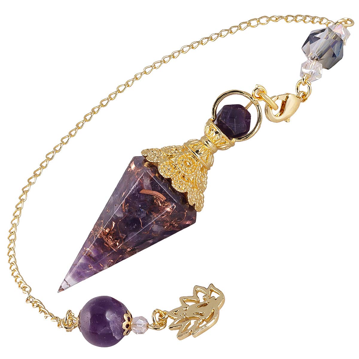 Nupuyai Amethyst Healing Crystal Point Dowsing Pendulum for Divination Scrying, Resin Chip Stone Faceted Hexagonal Pendulum with Chain