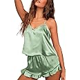Ekouaer Satin Pajama Set for Women Silk Pjs for Women Set Camisole Top and Shorts with Ruffle Sleepwear