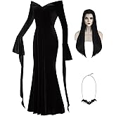 Miulruma Adult Black Dress with Wig Necklace for Women Halloween Costumes Cosplay Long Sleeve Dress Up Outfits