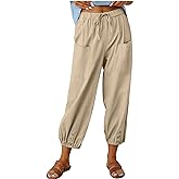 mxgynxP Womens Casual Linen Pants Summer Drawstring Elastic Loose Capri Trousers High Waisted Wide Leg Baggy Slacks