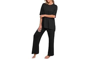 PrinStory Womens Pajamas Sets 2 Piece Lounge Set Short Sleeve Tops and Long Pants Soft Pjs Loungewear with Pockets
