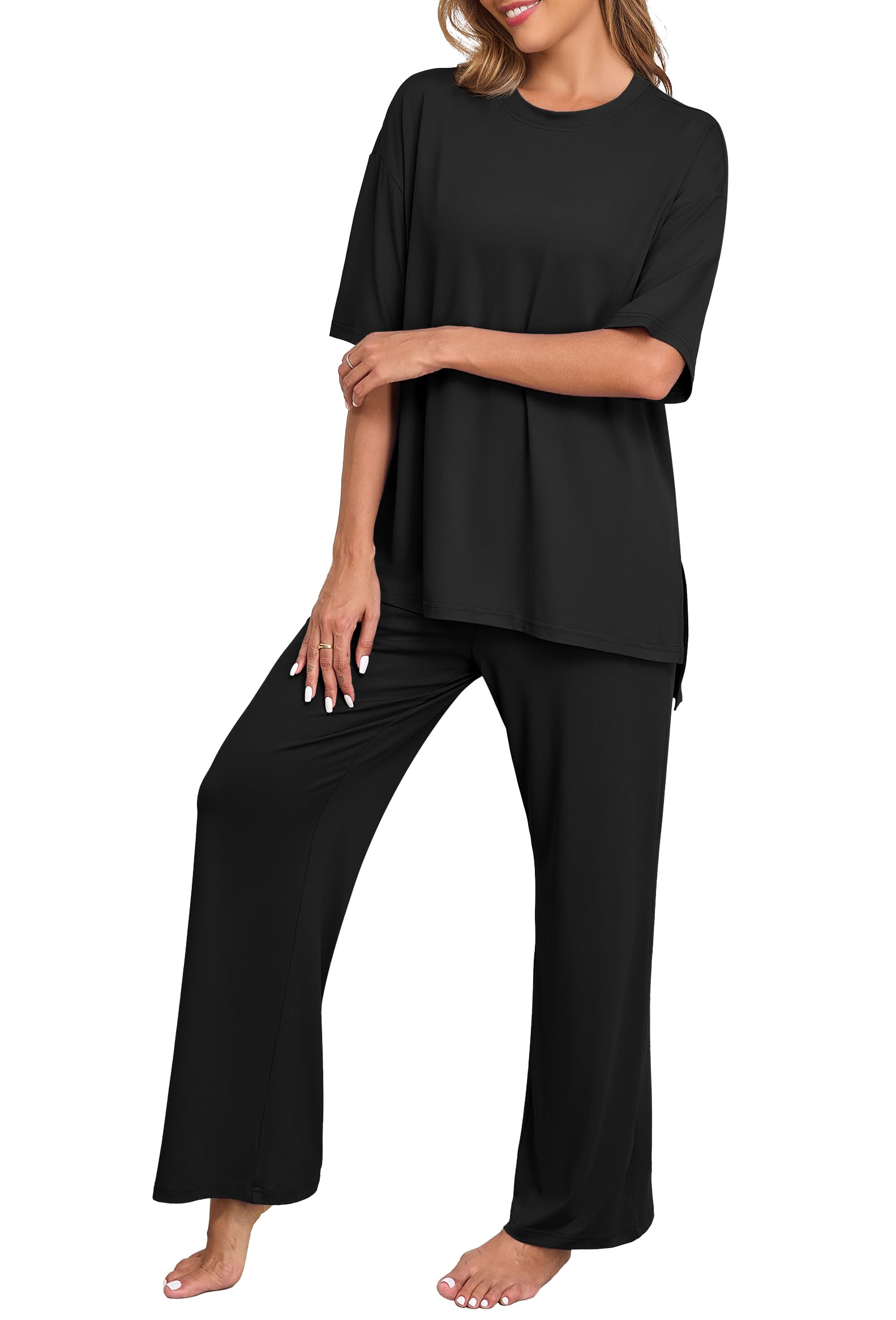 Photo 1 of ***READ CLERK NOTES*** PrinStory Comfy Pajamas for Women Set Womens Pjs Sets Two Piece Lounge Set Ladies Loungewear with Pockets Black-XL