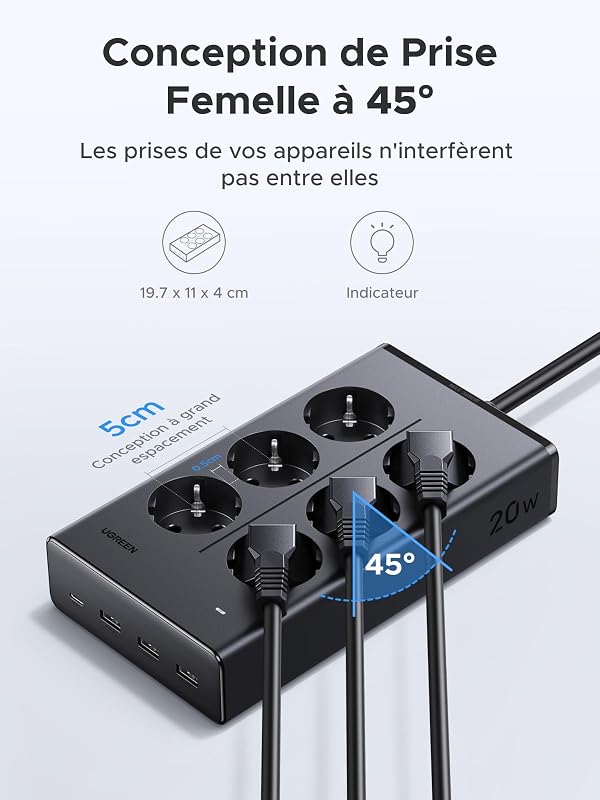 10 en 1 Multiprise 6 Prises AC 4 USB 20W avec Interrupteur 3680W 16A