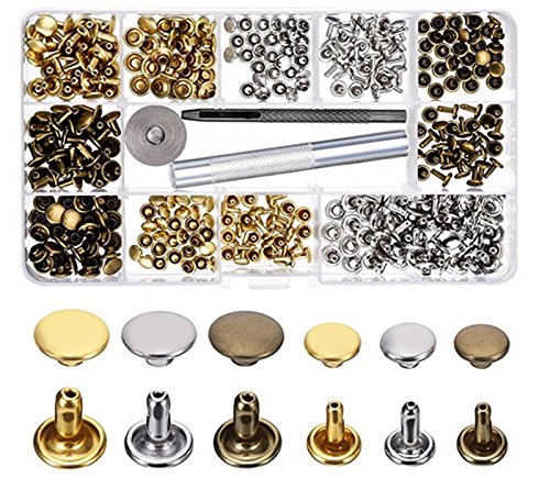 ISOTO 180 Sets 2 Sizes Leather Rivets Single Cap Rivet Tubular Metal Studs with 3 Pieces Fixing Tool for DIY Leather Clothing Craft Rivets Replacement,Snap Fastener Kit Button Tool