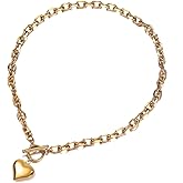 Stainless Steel Puffy Heart Pendant Thick Chain Statement Choker Collar Chunky Necklace for Women Toggle Clasp Birthday Gifts for Lover