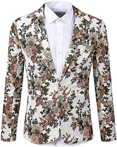 JASSYOY Mens Lightweight Floral One-Button Suit Blazer White