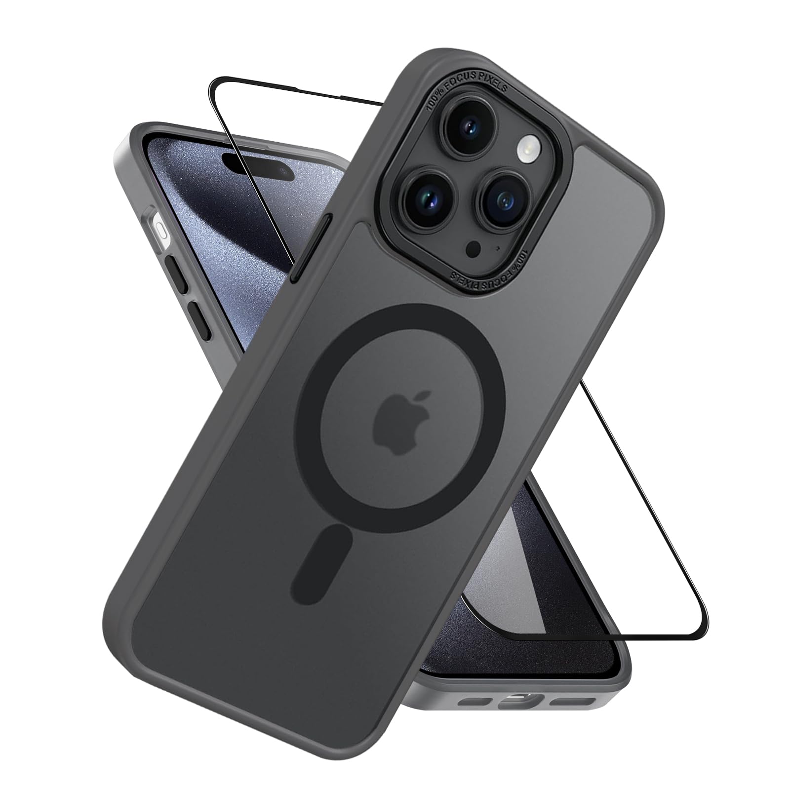 Kahper Magnetic Case for iPhone 14 Pro Max 6.7-Inch with Tempered Glass Screen Protector[Compatible with MagSafe] [Military Grade Shockproof]Translucent Matte Back Slim Bumper Cover Translucent Black