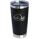 Lake Life - Insulated Coffee Tumbler Cup with Sliding Lid - Stainless Steel Insulated Mug - Cute Outdoor Camping Mug and Lake House Decor - Black
