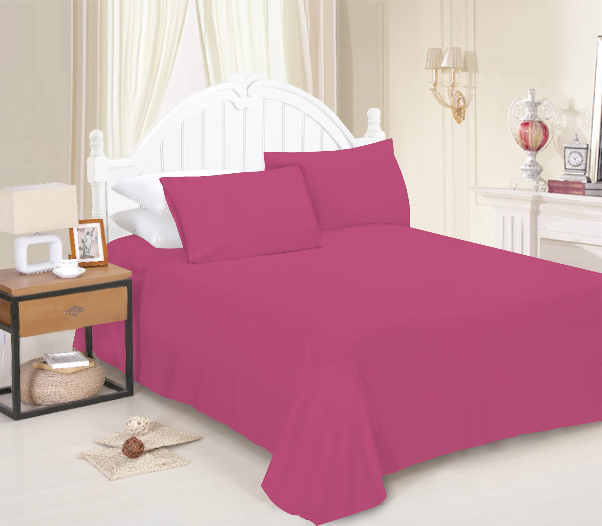 JRI® Flat Sheet- Luxurious Bed Sheet-Breathable-Hypoallergenic-Comfortable Poly Cotton Flat Sheet-Soft Touch Wrinkle Free (Fushia Pink-Double) - (Same Day Dispatch)
