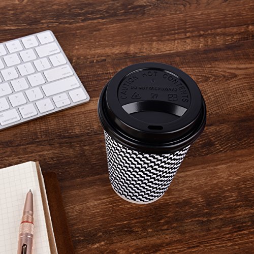 Disposable Hot Coffee Insulated Cups By Golden Spoon – 50 Pack Set Complete With Lids – Stylish Contemporary Ripple Design - Perfect For Take Away Coffee Shops And Bars (16 oz, Checkered Design)