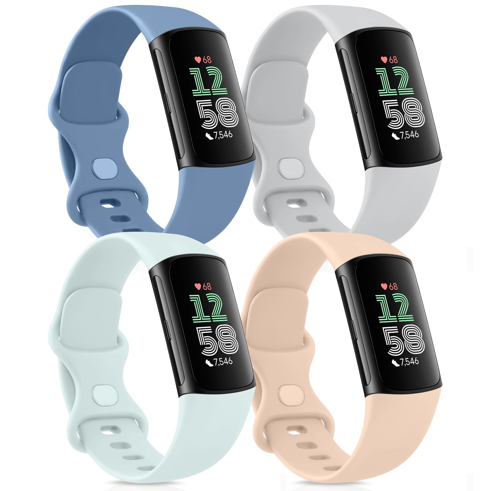 Pack 4 Straps Compatible with Fitbit Charge 6/5, Adjustable Silicone Strap (L, Blue Gray/Turquoise/Silver Grey/Apricot Powder) for Women & Men