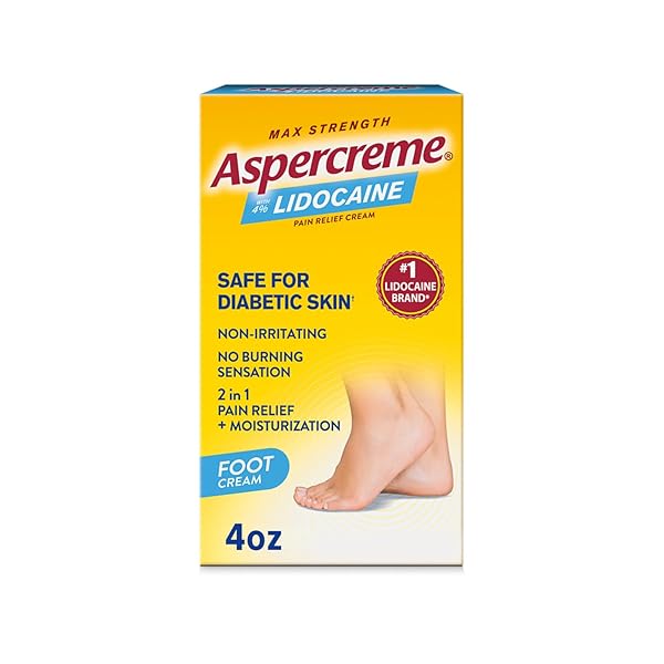ASPERCREME LIDOCAINE FOOT PAIN RELIEF CREAM FOR DIABETIC SKIN SOOTHES NERVES & MOISTURIZES DRY FEET, NUMBING TOPICAL ANALGESIC WITH MAX-STRENGTH LIDOCAINE & MOISTURIZING ALOE, 4 OZ.