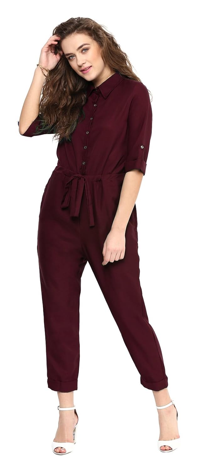 uptownie lite women's crepe roll up jumpsuit (maroon)