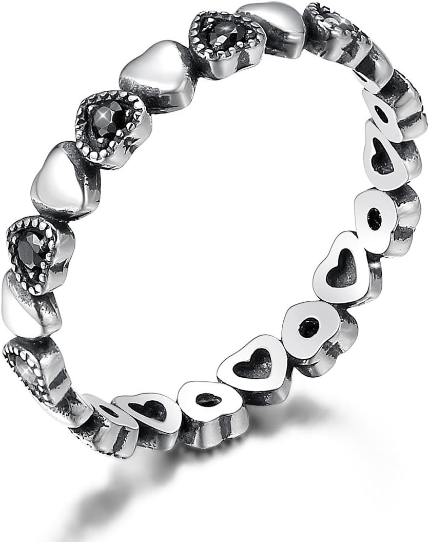 Heart Ring 925 Sterling Silver Black Cubic Zirconia Wedding Ring Band Jewellery for Women Girls Gift