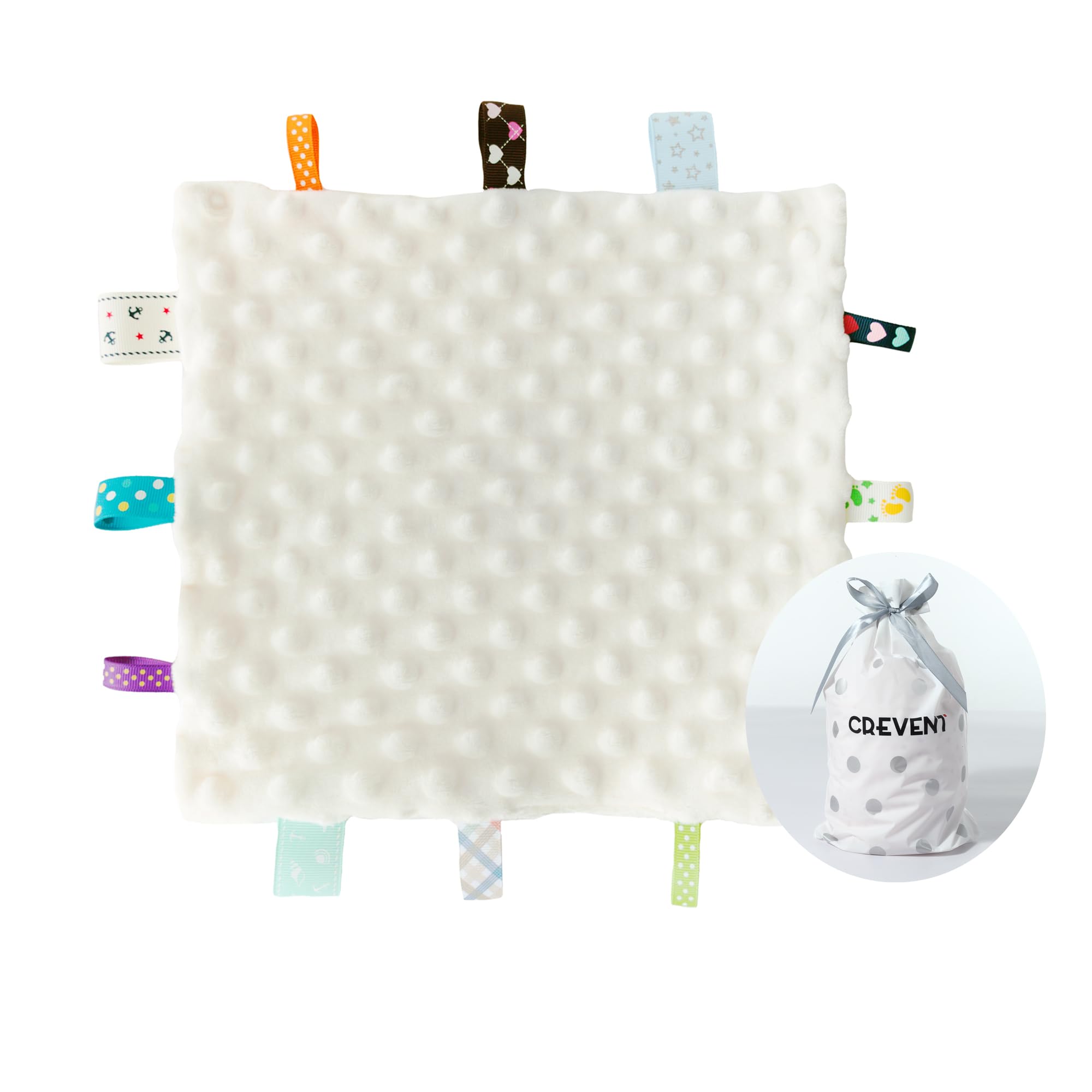CREVENT Tag Security Blankets for Babies, Soft Small Loveys for Girls, Baby Comforter Sensory Blanket, Great Gifts for Birthday Baby Shower 24x24cm (Ivory)