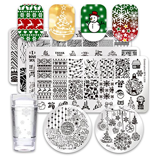 BORN PRETTY 6Pcs Nail Art Stamping Plates Set Christmas Theme Snowflakes Manicure Print Tool with 1Pc Jelly Stamper and Scraper
