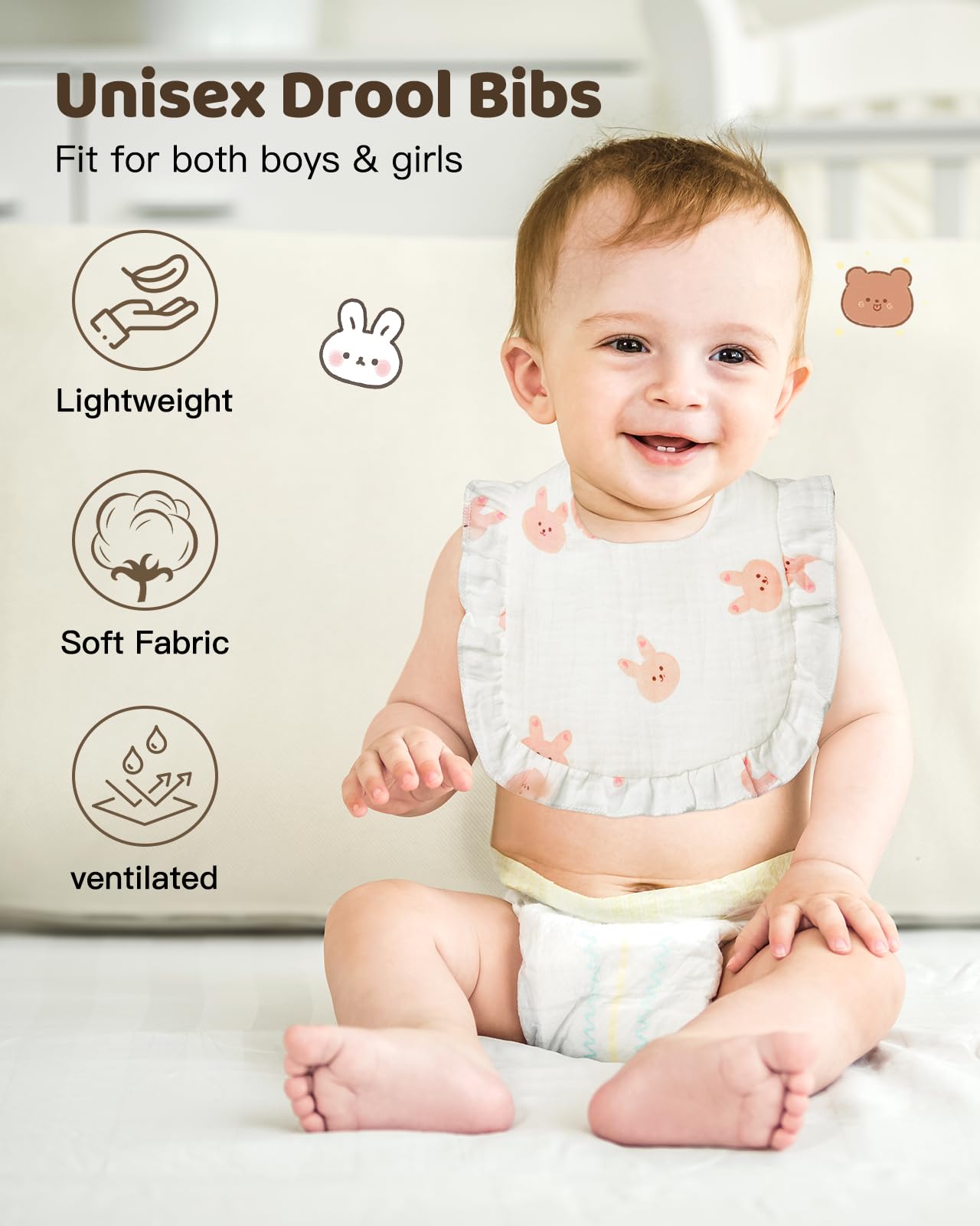 Lictin Muslin Baby Drool Bibs, 4-Pack Baby Bandana Drool Bibs Cotton Unisex, Snap Muslin Bibs for Boys Girls, Absorbent & Soft for Teething and Drooling White Pattern