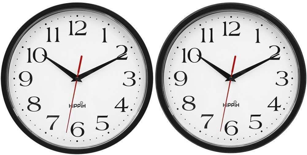 HIPPIH 2 Pack Silent Wall Clock, 10 Inch Non Ticking Digital Quiet Sweep Decorative Clocks, Black