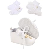 TJCONETJC Baby Baptism Shoes &amp; Socks, Boys Girls Infant Toddler, Soft Sole White Christening Sneaker Socks, 3PC