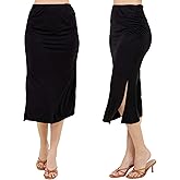 Azules Women’s Stretchy Midi Skirt – Ruched Bodycon Jersey Knit Skirt with Side Slit, Pull-On High Waist Fit