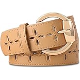 RISANTRY Women's Beige Leather Belt with Gold Buckle Hollow Pattern Women's Belt Stylish Accessory for Dresses, Skirts, and Jeans