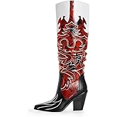 ANN CREEK Cowgirl Boots Side Zipper Womens Cowboy Boots Knee High Embroidery Woman Western Tall Pointed Toe Chunky Heel Two Tones