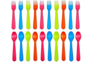Jawbush 20 Pcs Kids Plastic Utensils Kids Forks and Spoons Set, Reusdable Toddler Silverware Cutlery Set with Bright Colors Ideal for School Lunch Box or Travel, Size also for Adults, BPA Free