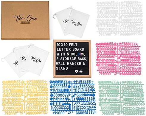 10x10 Black Felt Letter Board With 865 Letters, Numbers, Symbols, Punctuation And Emojis In 5 Different Colors (White, Blue, Yellow, Green and Pink) With 5 Storage Bags, Easel Stand and Wall Hanger