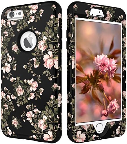 iPhone 6S Plus Case,iPhone 6 Plus Case,VSCase(TM)3in1 [Shockproof] Drop-Protection Hard PC Soft Silicone Combo Hybrid Impact Defender Heavy Duty Full-Body Case Cover-Flowers Black