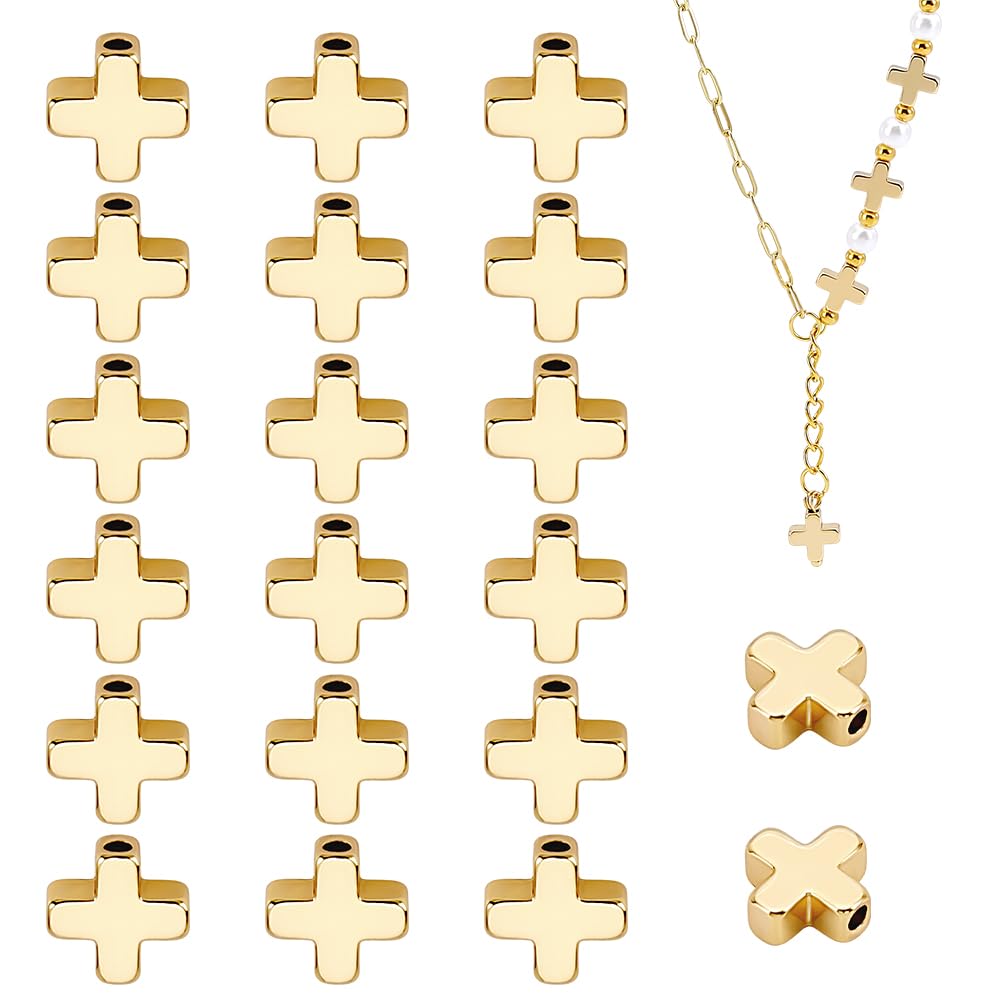 BENECREAT 20 PCS 18K Gold Plated Beads Metal Beads for DIY Jewelry Making and Other Craft Work - 8x8x3mm, Cross Shape