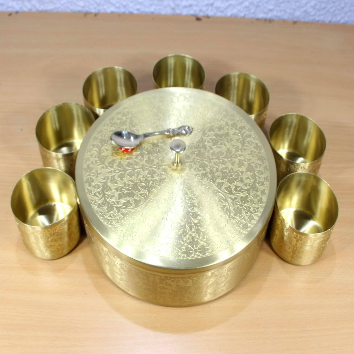 SATYA EXPORTS Spice Jar Container Brass Masala Box Set with 7 Containers and 1 Spoon, Golden Embossed Lid Size- 8x8x2.2 inch(Design-5)