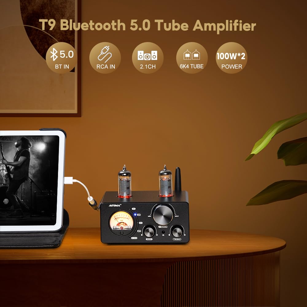 AIYIMA T9 100W*2 Bluetooth Stereo Amplifier Class D Amp 2.0/2.1 Channel Tube Power Amp with PC-USB DAC Coaxial Optical inputs &VU Meter & Bass Treble Tone Control for Home Stereo Speakers