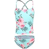 HowJoJo Girls Two Piece Tankini Swimsuit Green Floral Bathing Suit Swimwear