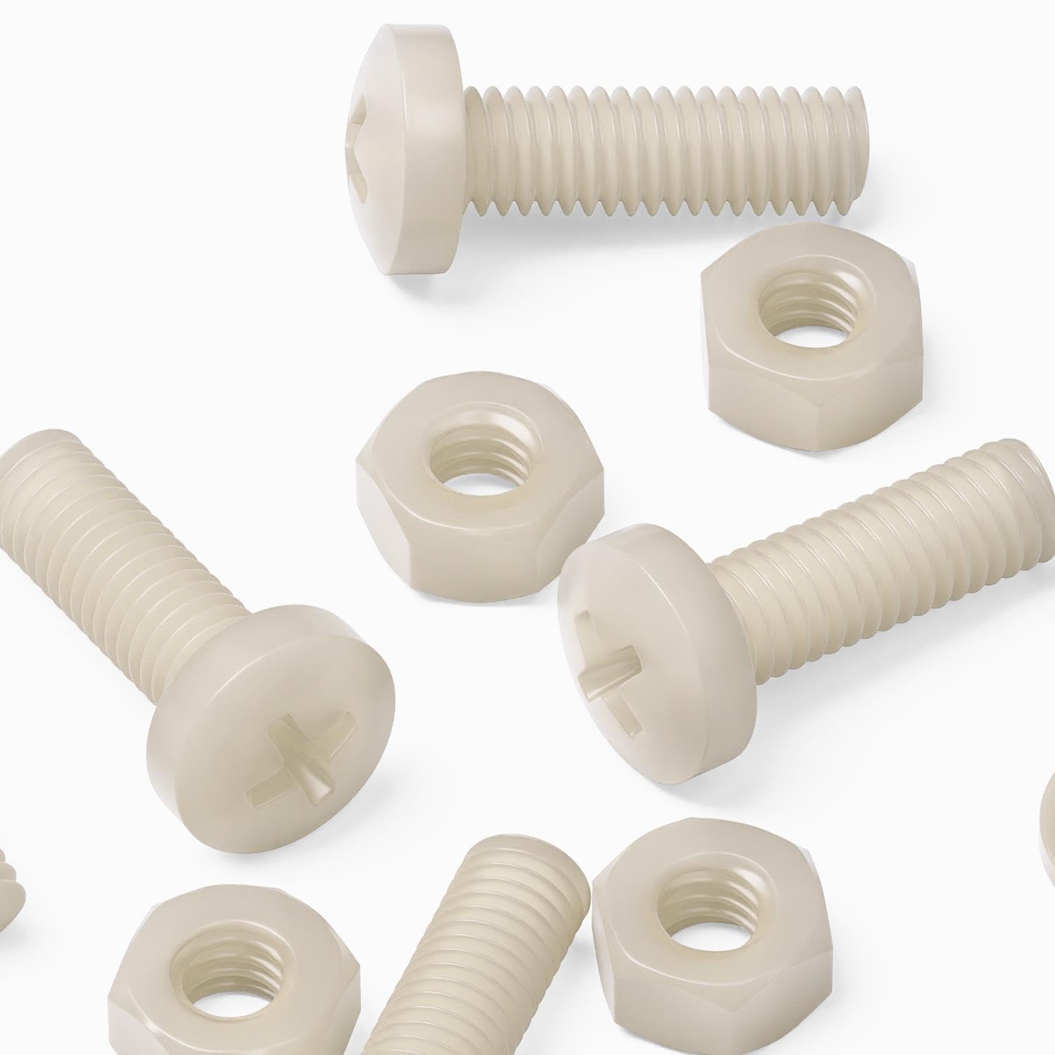 50 x Nylon Pan Head, Crosshead Plastic Machine Screws, M6 x 20mm, Plastic Bolts, Nuts & Washers