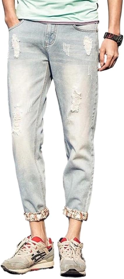Amazon Co Jp メンズ 裾折り返しペイズリー柄 ダメージ加工 デニムストレートパンツ 全2色 穴あきジーンズ ヴィンテージ風 ユーズド加工 オリジナルグッズ付属 28 ライトブルー Clothing Accessories