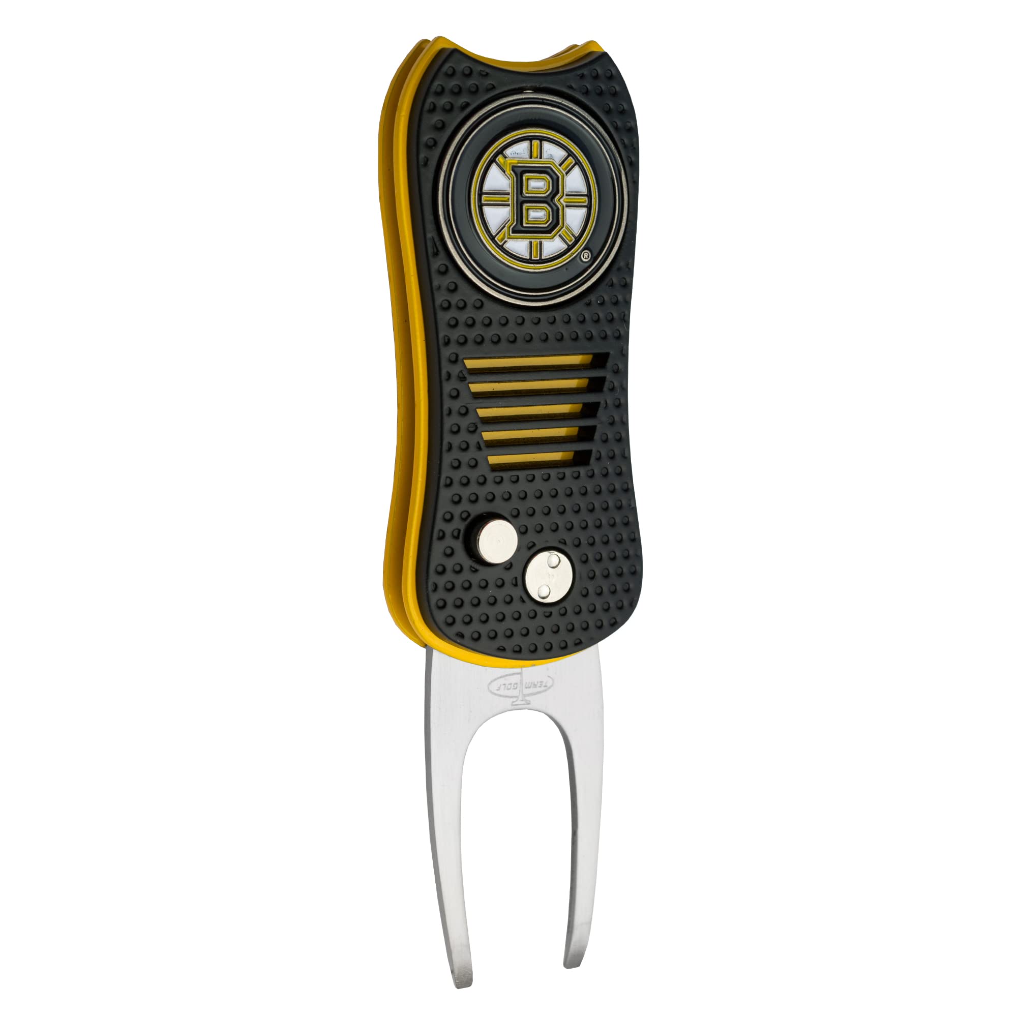 Team Golf NHL Boston Bruins Retractable Divot Tool with Double-Sided Magnetic Ball Marker, Features Patented Single Prong Design, Causes Less Damage to Greens