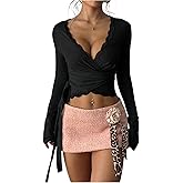 SOLY HUX Women's Y2k Lace Crop Tops Deep V Neck Long Sleeve Wrap Tie Side T Shirt Going Out Top Coquette Clothes