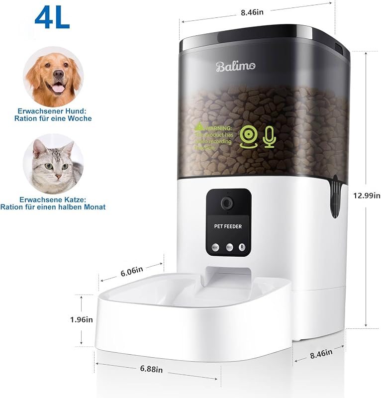 Distributore Automatico Cibo Gatti con Telecamera 1080P, 2.4G WiFi Dispenser Crocchette Gatto, 4L Distributore Automatico Cibo Cani con APP Video Audio Visione, Da 1 a 8 pasti al giorno