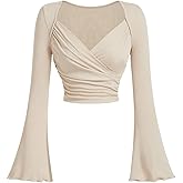 Floerns Women's Wrap Sweetheart Neck Bell Sleeve T Shirts Ruched Rib Knit Crop Tops