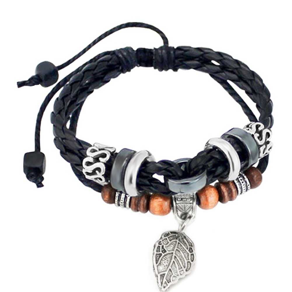 Suyi Multilayer Adjustable Leather Woven Braided Bangle Cross Bracelet Leaf Wrist Cuff Wristband Lblack