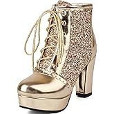 KOKOMOMO Sparkly Platform Ankle Boots Short Sequin Glitter Combat Boots Chunky Heeled Lace Up Booties