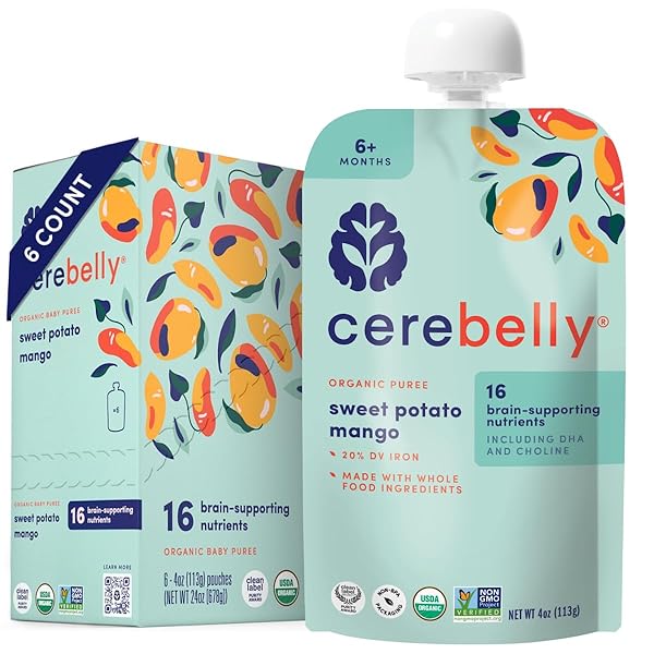 CEREBELLY ORGANIC BABY FOOD POUCHES – ORGANIC VEGGIE PUREES FOR TODDLERS | NO ADDED SUGAR, FIBER, NON-GMO | BLENDED TODDLER FOOD | 4OZ BPA-FREE BABY FOOD | SWEET POTATO MANGO | 6 COUNT