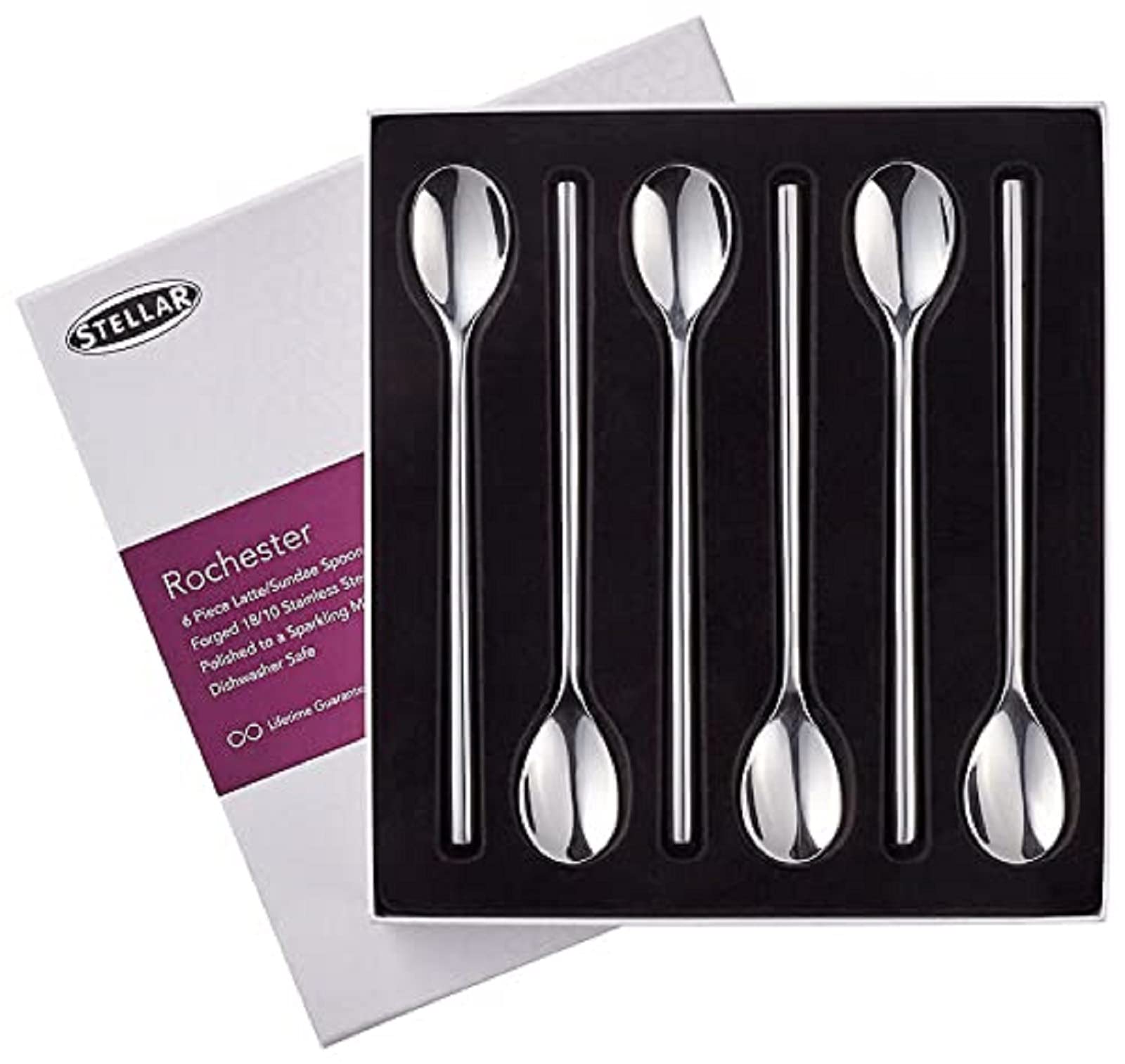 Stellar Rochester Set of 6 Stainless Steel Latte or Sundae Spoons in Gift Box, Dishwasher Safe