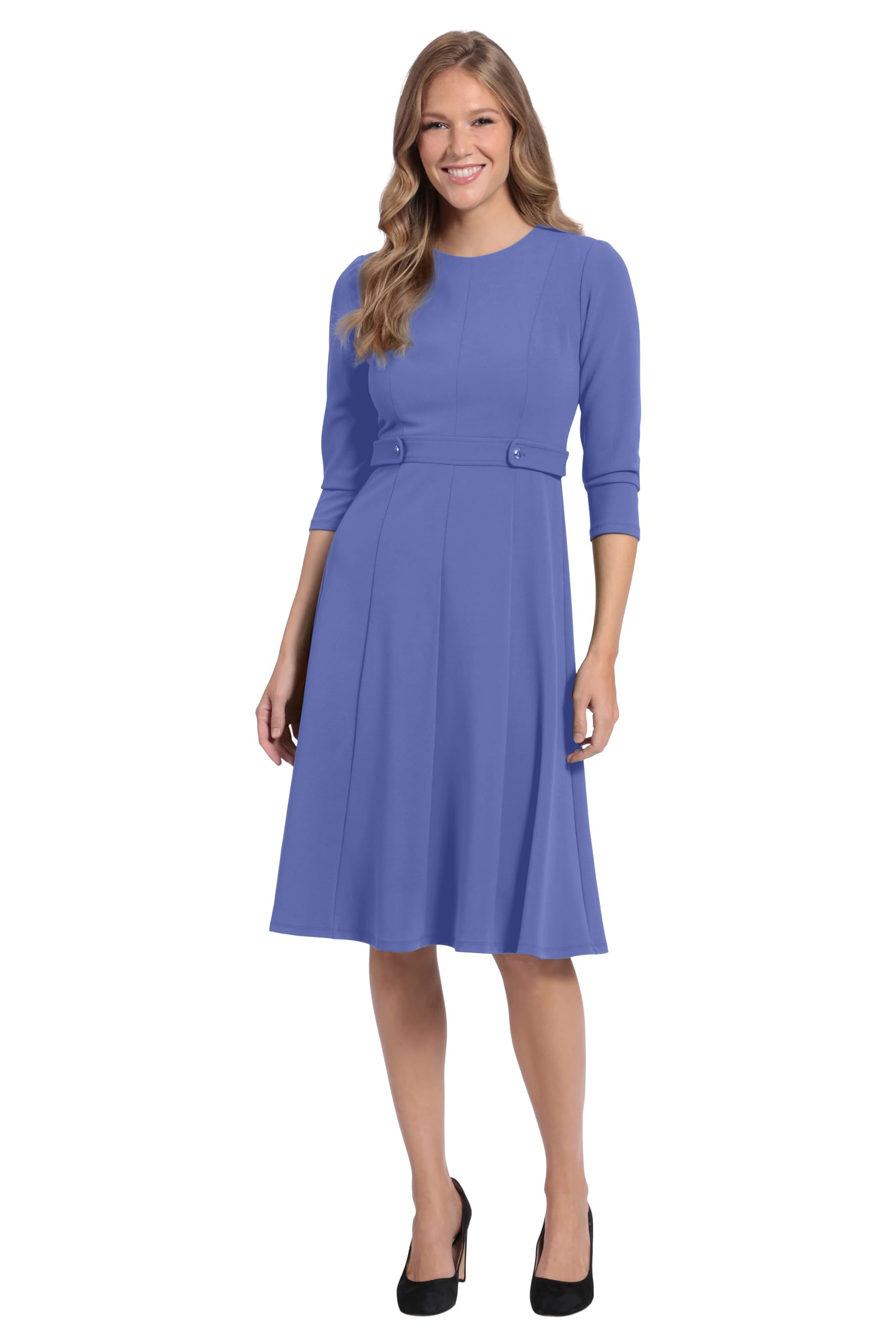 London Times Women’s Dresses Crepe Fit and Flare Midi with Waist Button Detail