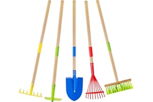 Theefun Kids Garden Tool Set: Safe Toddler Size Hoe, Rake, Shovel, Leaf Rake, Broom 5-Piece Kids Gardening Tools with Wooden Handle and Metal Head for Child Christmas Outdoor Toys Gift for Boys Girls