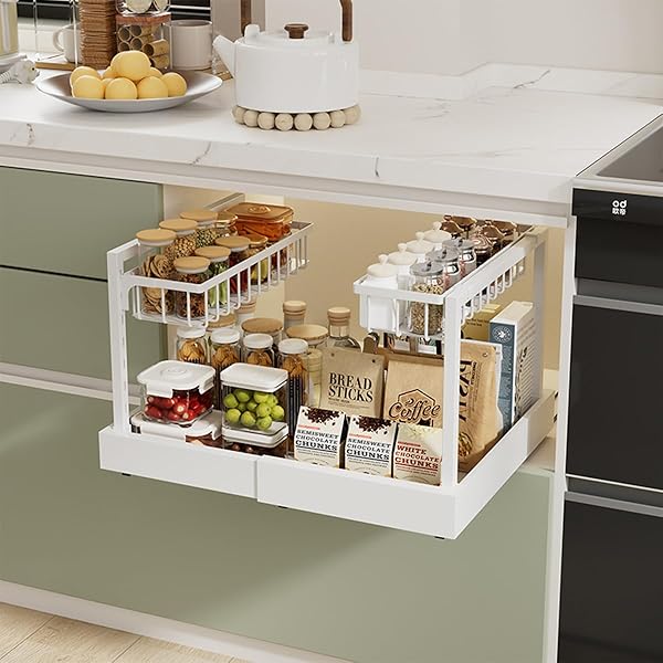UNDER CABINET ORGANIZER RACK, WHITE METAL 2-TIER STORAGE...